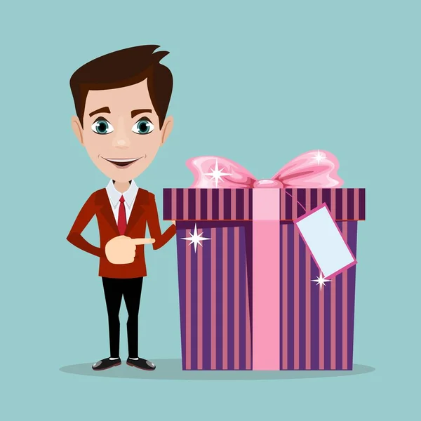 Businessman has an offer, giving a present, parcel — Stock Vector