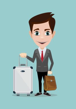 Bagaj arka plan üzerinde mutlu adam. Bir işadamı ile bavul.