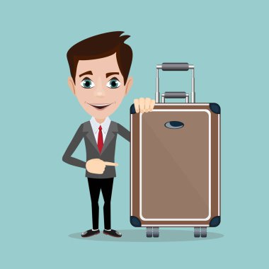 Bagaj arka plan üzerinde mutlu adam. Bir işadamı ile bavul.