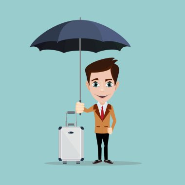 Mutlu adam şemsiyesi altında. Bir işadamı bavul ve bir şemsiye ile