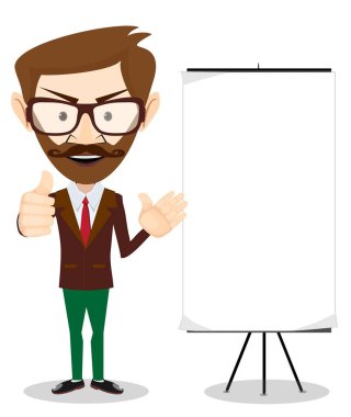 İş seminer, konferans veya sunu. Beyaz tahta önünde duran iş öğretmen. Modern düz vektör çizim. Beyaz arka plan üzerinde izole
