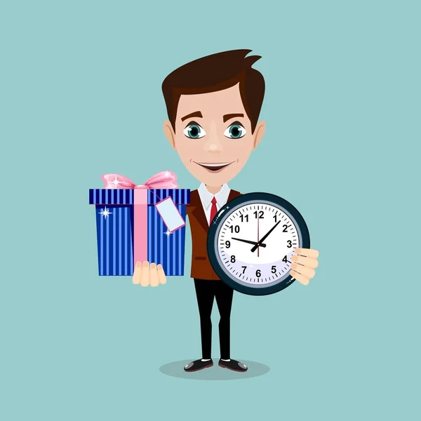 Hombre feliz con reloj y y lindo regalo en el fondo . — Vector de stock