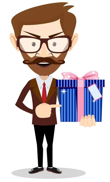 Businessman has an offer, giving a present, parcel. — Stock Vector