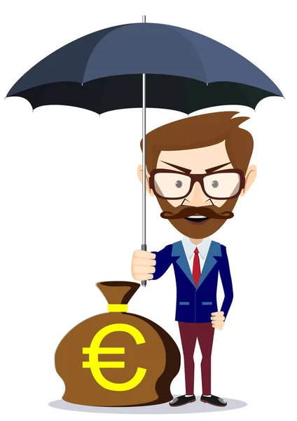 Mannen med skägg stående innehav paraply skydda sina pengar till investeringar, — Stock vektor
