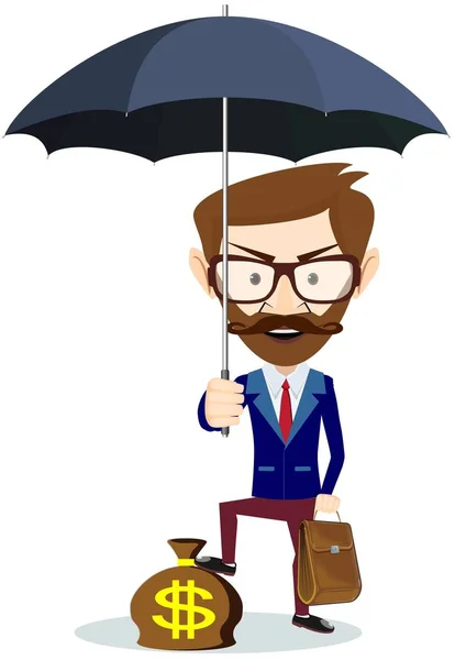 Άνδρας με γενειάδα μόνιμη εκμετάλλευση ομπρέλα προστατεύοντας τα χρήματά του σε επενδύσεις, — Διανυσματικό Αρχείο