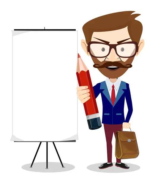 Professeur d'entreprise debout devant le tableau blanc avec crayon à la main . — Image vectorielle