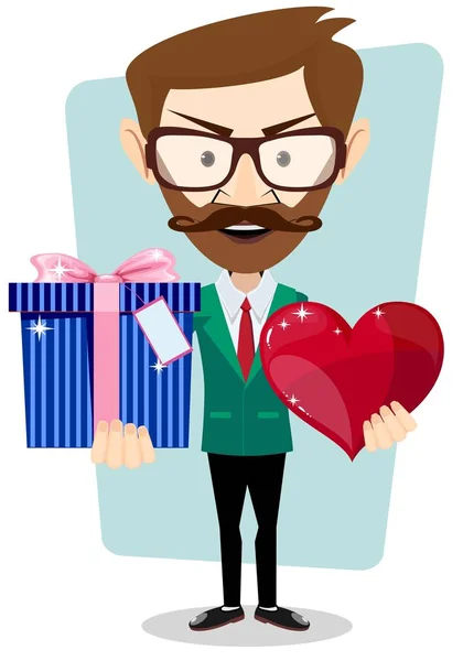 Young man smiling , holding gift and heart. — Stock Vector
