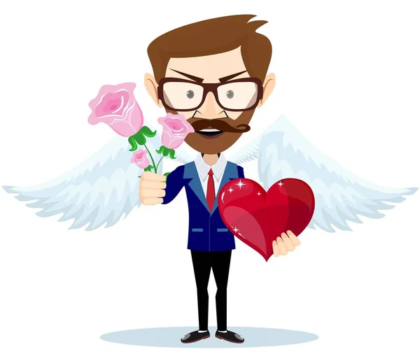 Young angel smiling and holding bouquet of flowers and heart. — Stock Vector