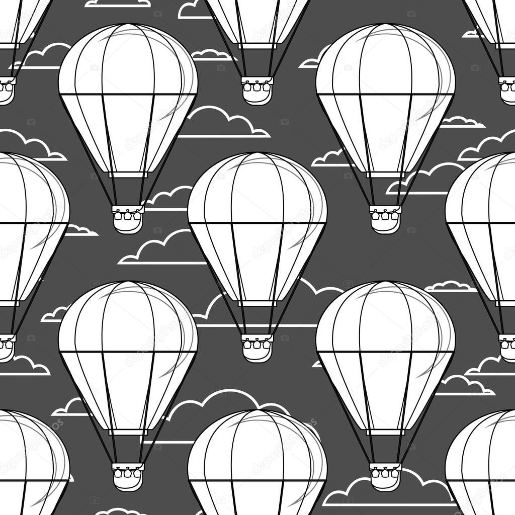 Hot Air Balloon, Little Balloons, Clouds . Cartoon white outline on black Background.