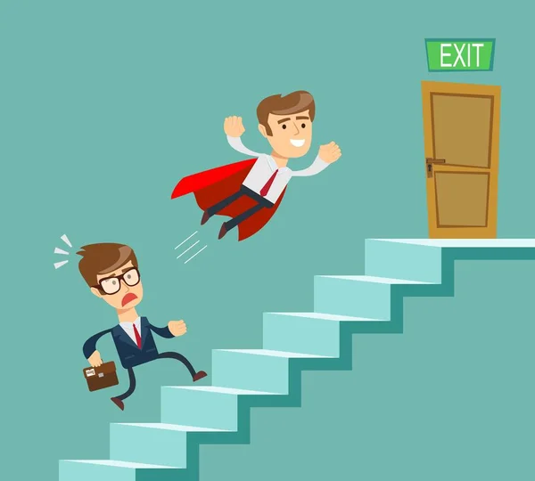 Super hombre de negocios en capa roja volando pasar otro hombre de negocios subir escaleras. Concepto de competencia empresarial . — Vector de stock