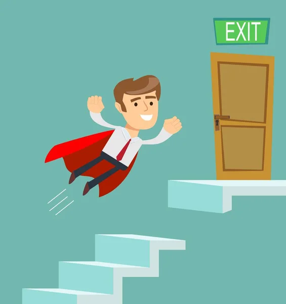 Super biznesmen w czerwoną pelerynę latające w górę wchodzenie po schodach. — Wektor stockowy