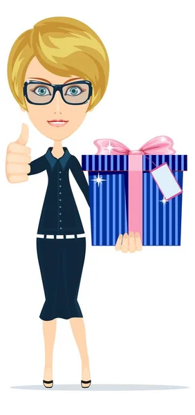 Business woman holding a big gift box for Christmas. Vector illustration. — Stock Vector