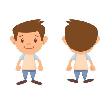 Genç adam ayakta, vektör çocuk karakteri ön ve arkadan görünüm rahat kıyafetler içinde set.