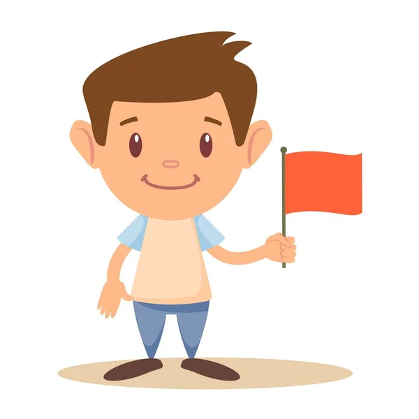 Leuke jongen van de basisschool of Student Holding rode vlag, Cartoon afbeelding — Stockvector