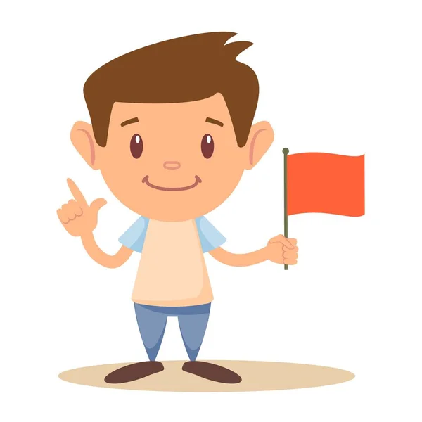 Menino da escola primária bonito ou estudante segurando bandeira vermelha, ilustração dos desenhos animados — Vetor de Stock