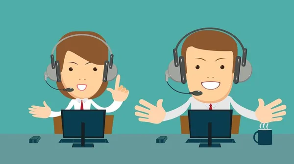 Operador Sonriente Masculino Femenino Con Auriculares Trabajando Centro Llamadas Concepto — Vector de stock