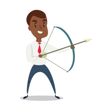 Siyah-Amerikalı işadamı okçu ok ile bir hedefe ateş ediyor. İş kavramı hedef ve başarı