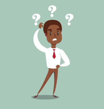 başının üzerinde üç soru işaretleri ile clueless karikatür siyah afrikalı amerikalı işadamı illüstrasyon.