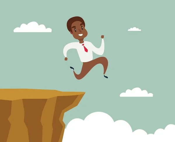 Černý afroamerický podnikatel, který běží a skáčou přes propast mezi útesy a uspěje, překoná obtížnost, obchodní koncept — Stockový vektor