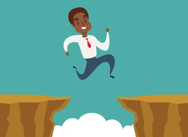 Black african american businessman jump over cliff gap, overcome the difficulty. Business concept — Stock Vector