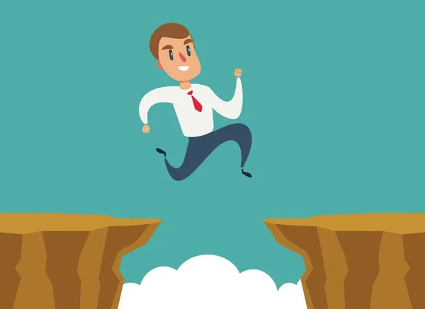 Businessman jump over cliff gap, overcome the difficulty. Business concept — Stock Vector