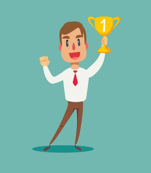 Ilustração de um empresário feliz segurando um troféu — Vetor de Stock