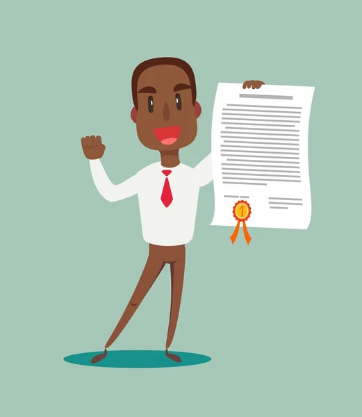 Úspěšný, usměvavý, mladý, šťastný černý africký americký podnikatel, který předvádí certifikát. — Stockový vektor