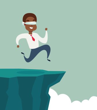 gözleri bağlı siyah afro-amerikan işadamı uçuruma koşmak. İş kavramı.