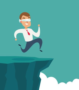 Gözleri bağlı bir iş adamı uçuruma doğru koşar. İş konsepti.