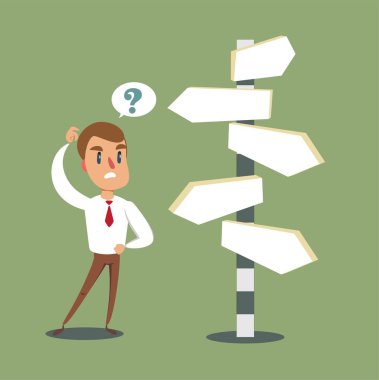 Kavşakta duran işadamı yön işaretlerini karıştırdı. Seçimler ve karar kavramı.