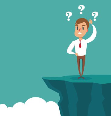 Gap başarıya giden yolda. Bir iş adamı, abyss'in önünde duruyor. İş mücadelesi kavramı. Problem çözme.