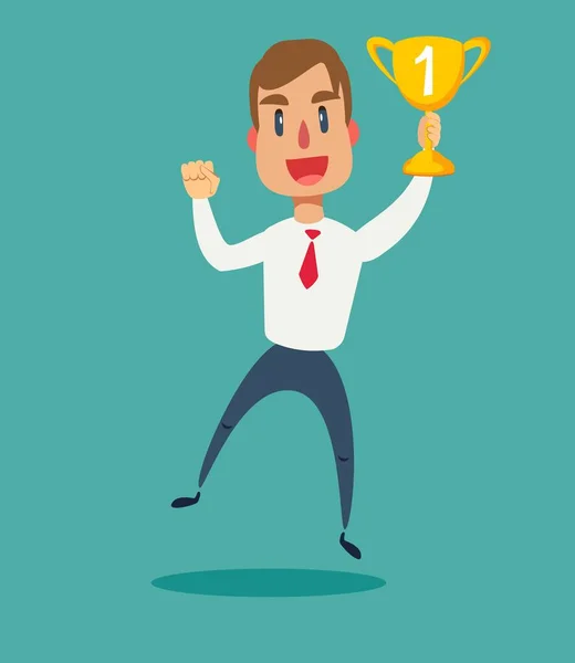 Ilustración de un hombre de negocios feliz sosteniendo un trofeo en el podio . — Vector de stock