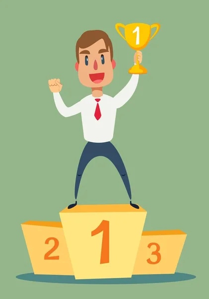 Illustration of a happy businessman holding a trophy on podium — Stock Vector