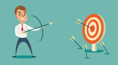 Başarılı işadamı karakter vuruyor veya hedefe nişan. İş kavramı