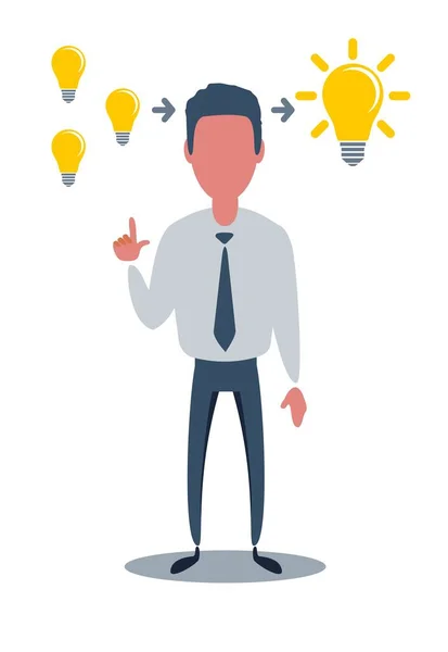 Man and Yellow Lamp overhead. Idea Generation. Creating Business Idea. New Technologies. Turn into Reality Thoughts. Reward for New Idea. — Stock Vector