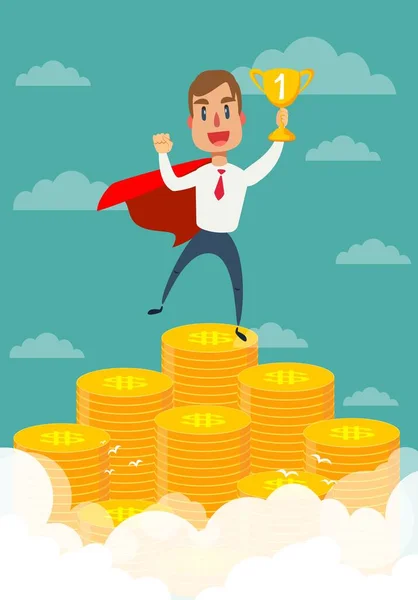 Businessman dressed with superhero cloak is standing on the pile of the coins. — Stock Vector