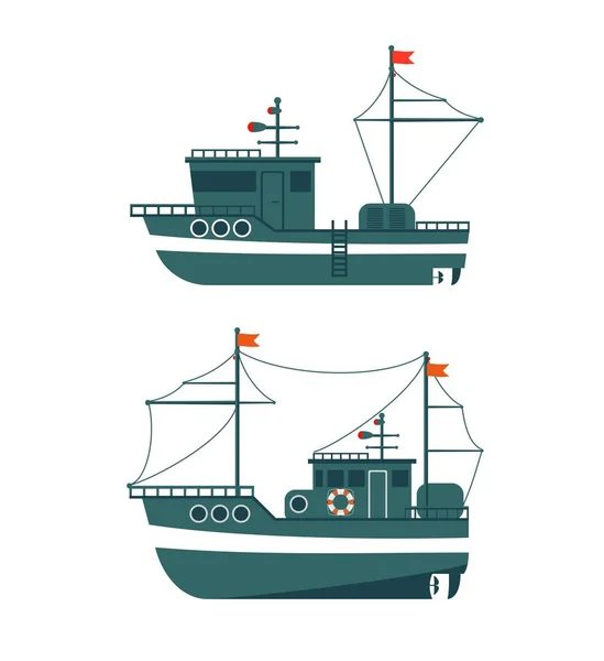 Barco de pesca, Vista lateral, Arrastão de pesca comercial, Produção industrial de frutos do mar, Transporte de água, Transporte marítimo ou marítimo —  Vetores de Stock