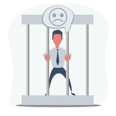 Hapisteki genç iş adamı. Parmaklıklar tutan adam beyazda izole.