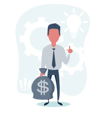 İş adamı karakteri para dolu çantalar tutar..