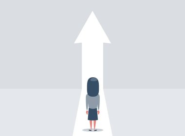 Bir kadının yukarı doğru yürüdüğü iş büyüme vektörü konsepti. Başarı, terfi, kariyer gelişimi sembolü.