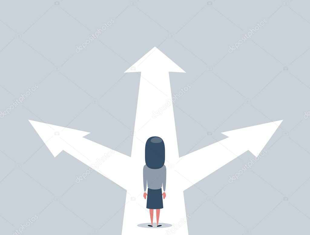 Business decision concept vector illustration. Businesswoman standing on the crossroads with three arrows and directions.
