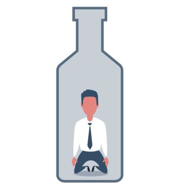 Şarap şişesindeki hasta sarhoş adam. Alkol bağımlılığının düz vektör illüstrasyonunu kavra.