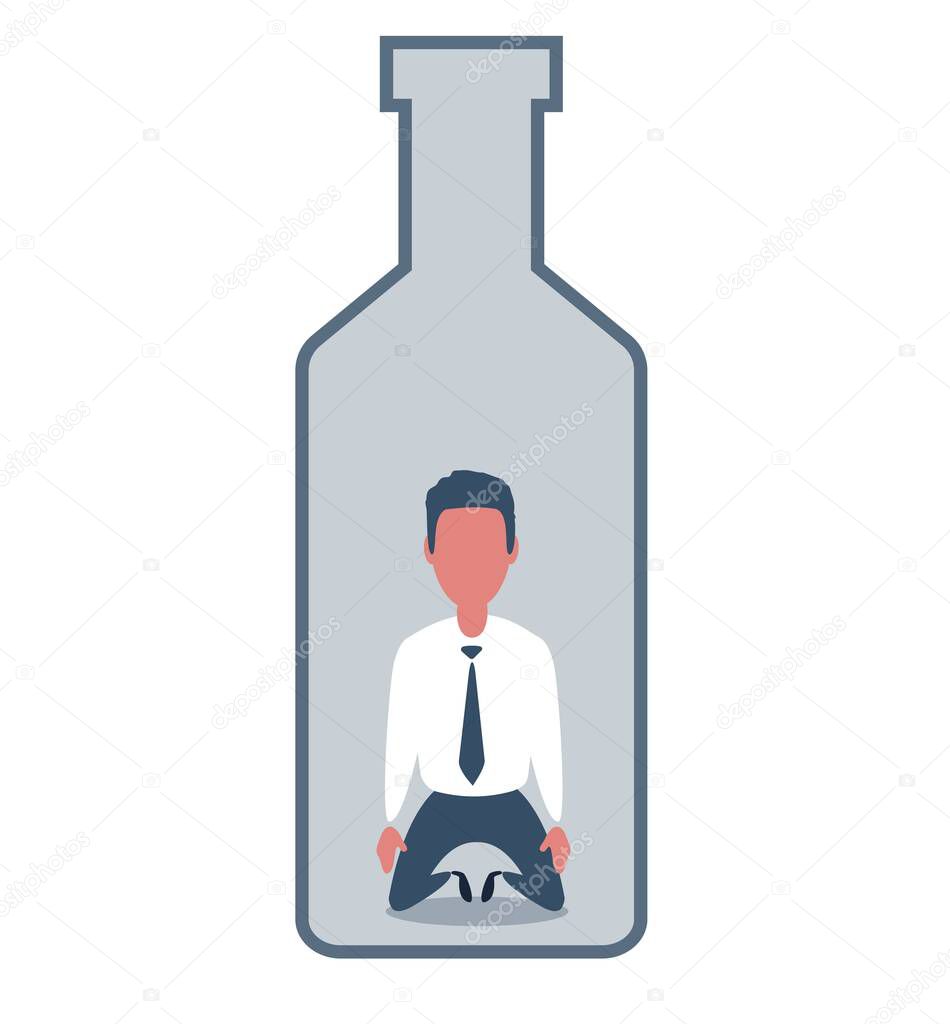 Sick drunk man in the bottle of wine. Concept flat vector illustration of alcohol addiction.