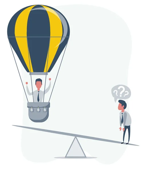 Concepto de startup empresarial. Ilustración vectorial con un hombre de negocios volando en un globo aerostático y un perdedor. — Vector de stock
