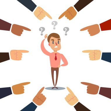 Kendini suçlu ve içe dönük hisseden genç bir adamı işaret eden bir sürü eli var. Dizlerinin üstündeki adam.