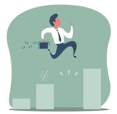 Ampulleri olan bir iş adamı kırmızı çubukların üzerinden atlıyor. Fikir ve büyüme kavramı..