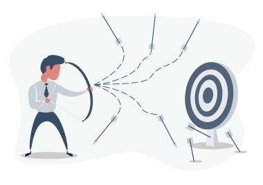 Adam ya da iş adamı yaylı ve kayıp okla hedefe ateş ediyor. İşletme başarısızlık kavramı.
