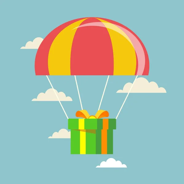 Flat design. Vector illustration. Delivery service. Parachute with parcel, gift in the sky. — Stock Vector