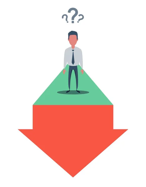Geschäftsmann, der auf und ab geht, wenn es um sein Geschäftskonzept geht. Mann steht über großer Lücke. — Stockvektor