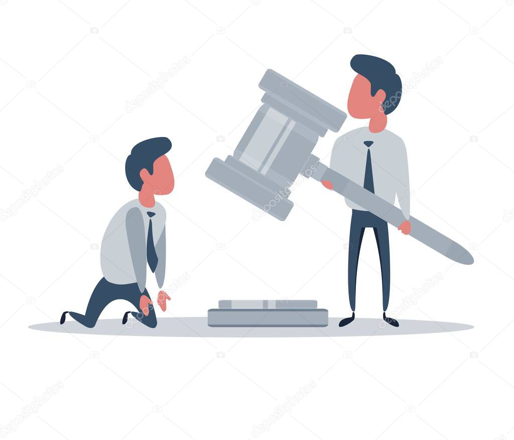 Cartoon character. Business man hold in hands Gavel justice symbol. flat illustration